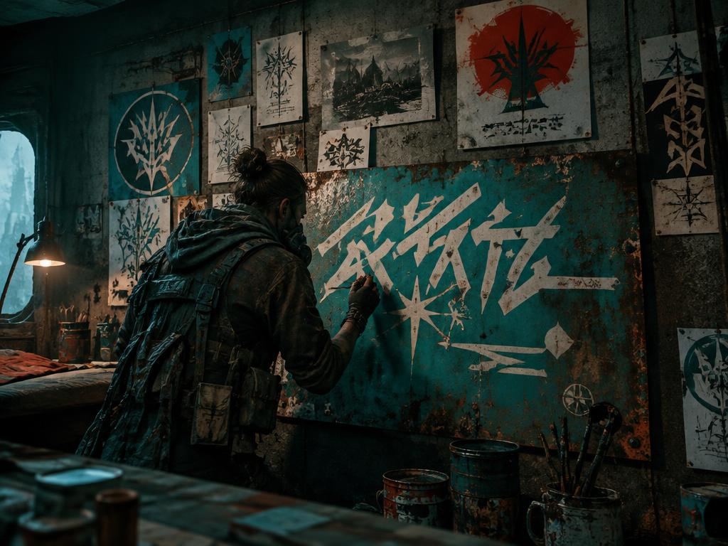 A sign painter hand-lettering a large teal metal sign in a bunker covered with posters