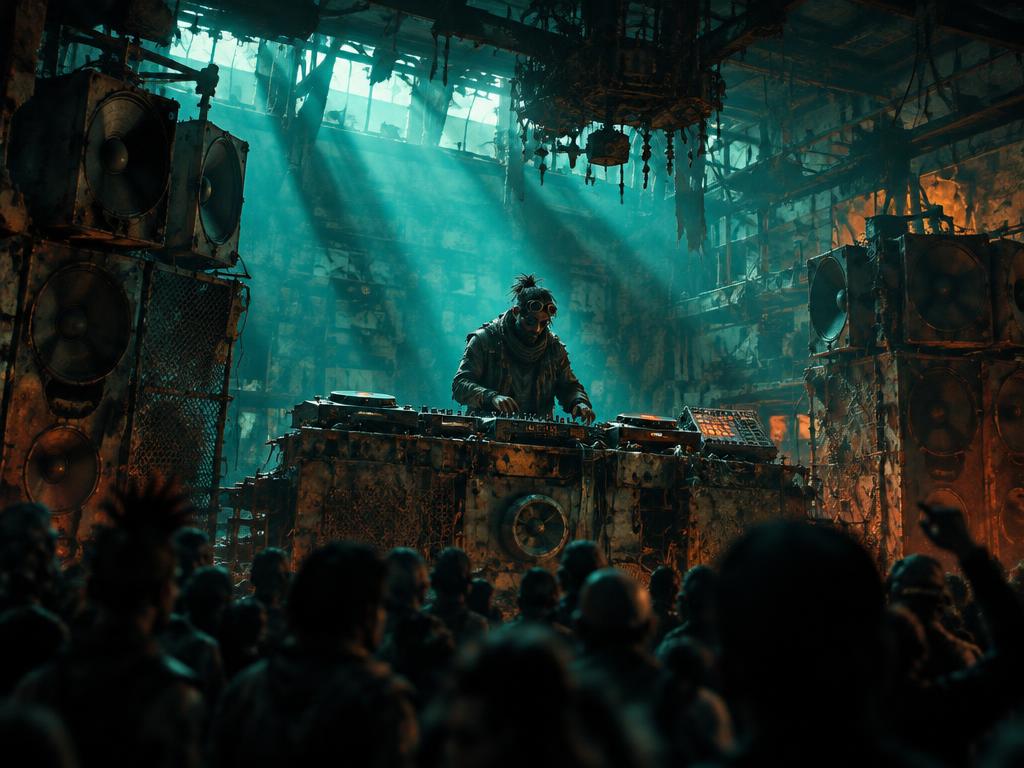 A DJ performing on salvaged turntables in a ruined warehouse lit with teal beams