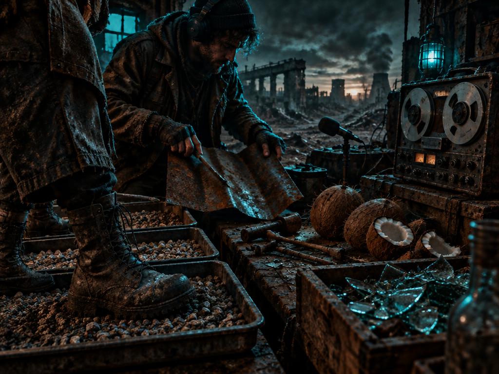 A Foley artist building sounds from scrap metal and gravel trays in the ruins