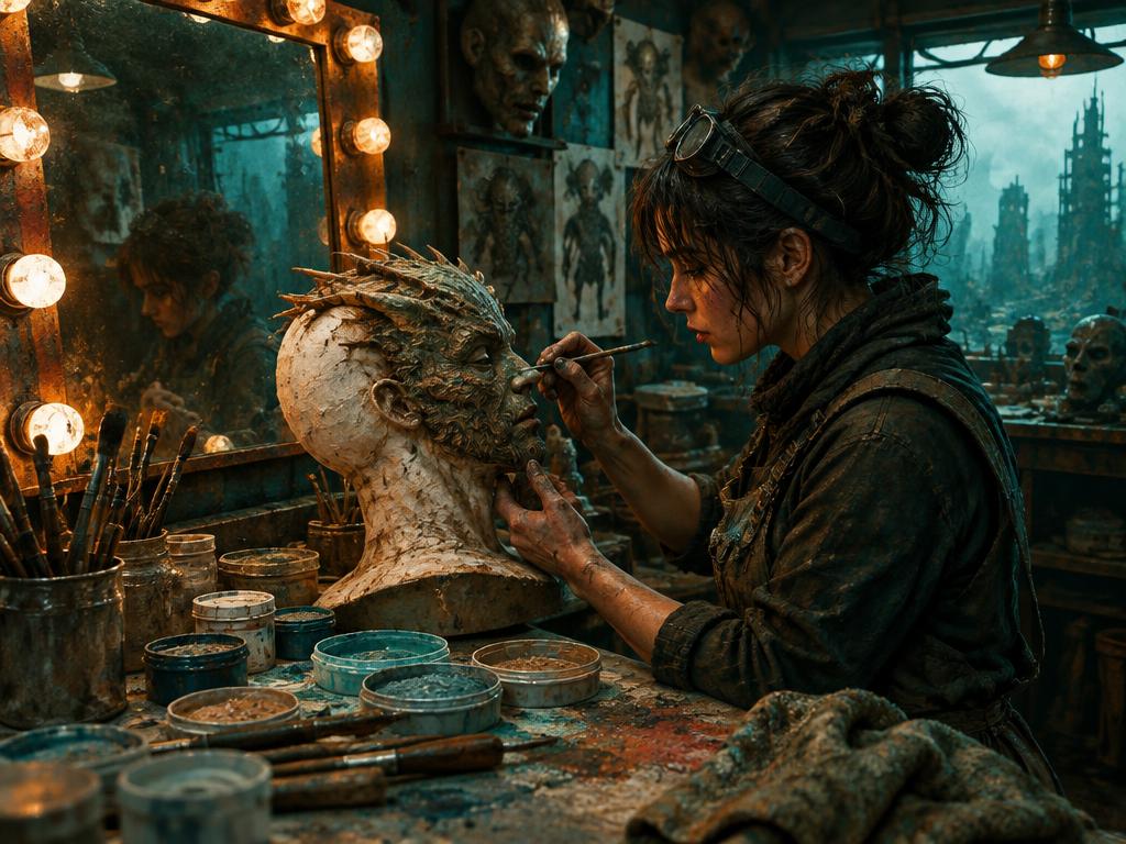 A special effects artist sculpting a creature prosthetic on a face cast at a lit mirror
