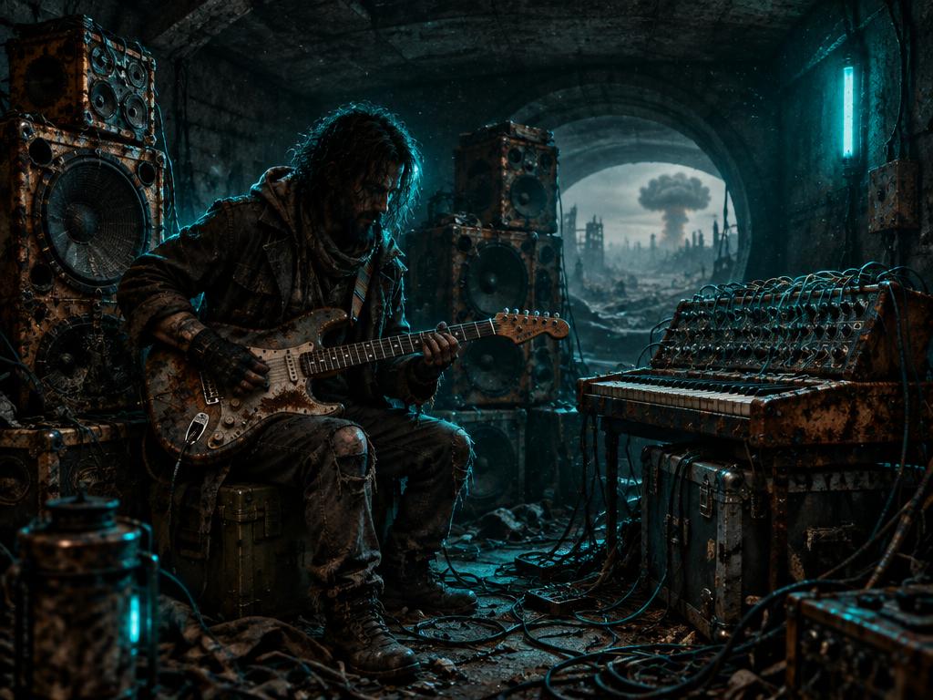 A musician playing a battered guitar among salvaged speakers in a fallout shelter
