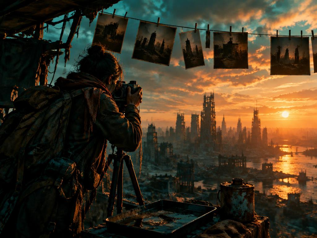 A photographer with a film camera shooting a ruined skyline at sunset beside hanging prints