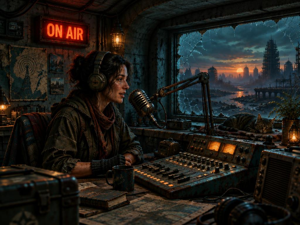 A radio host speaking into a vintage microphone under a glowing On Air sign in a bunker studio