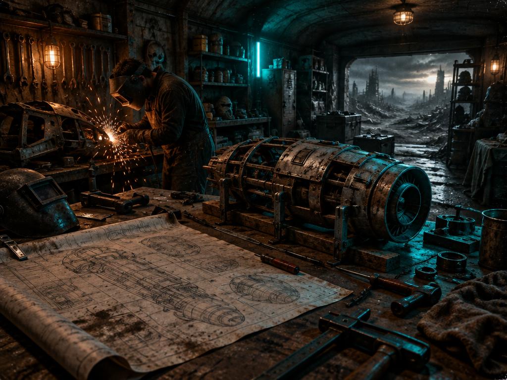 A prop maker welding a half-built prop beside an unrolled blueprint in a bunker workshop