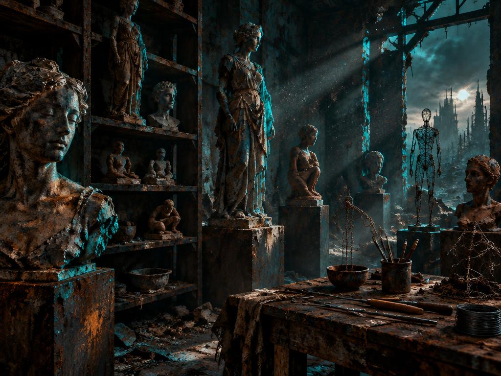 Weathered statues and clay figures on pedestals in a ruined gallery