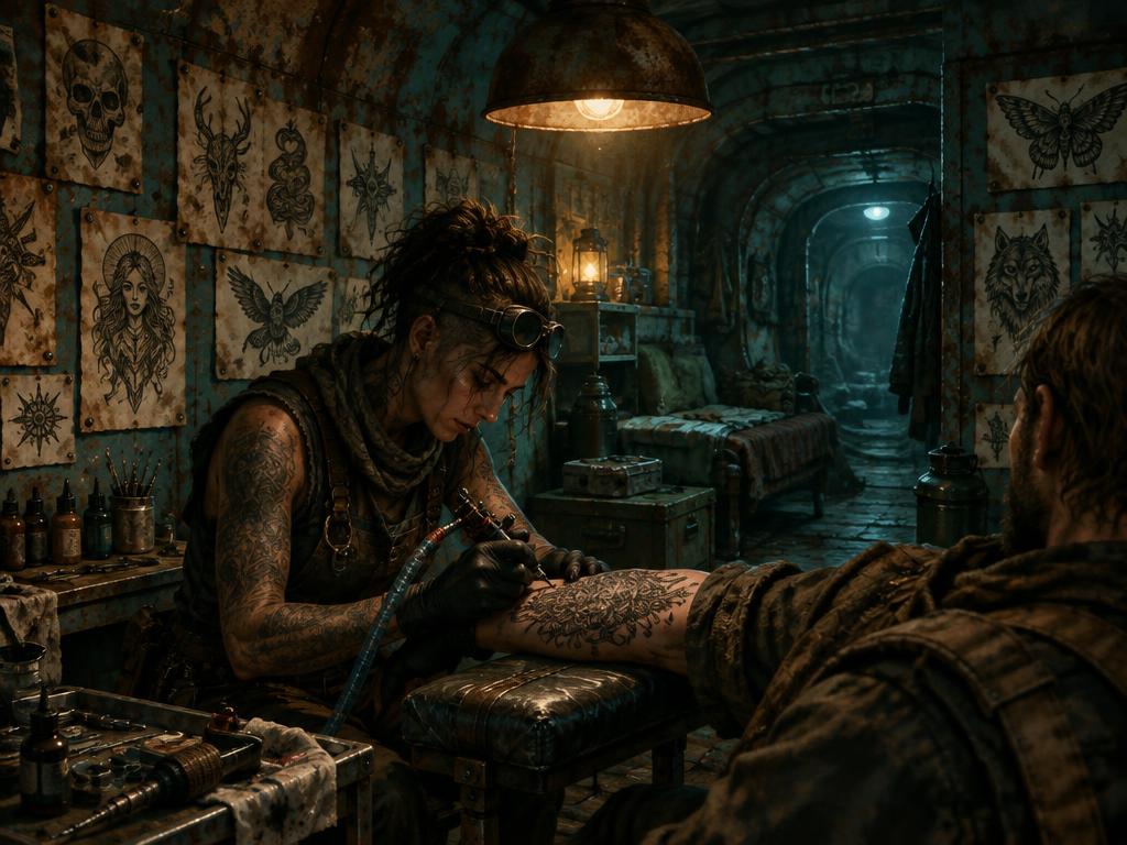 A tattoo artist inking an intricate design on a forearm in a bunker parlor lined with flash art