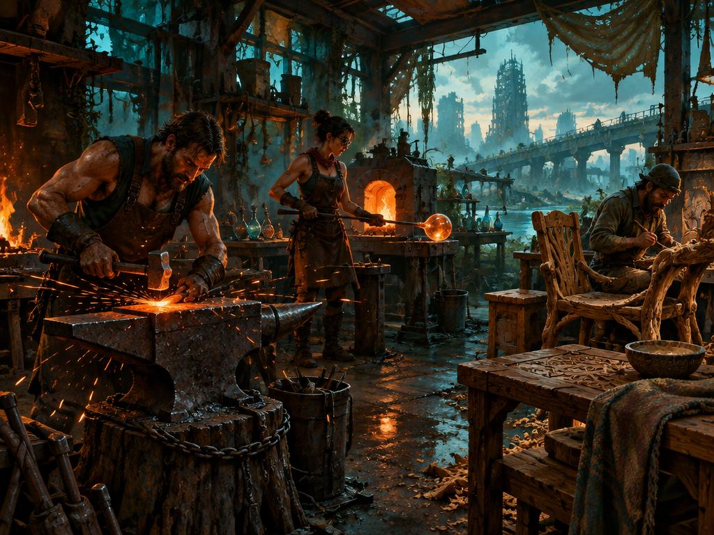 A blacksmith at an anvil, a glassblower, and a woodcarver working together in a ruined workshop