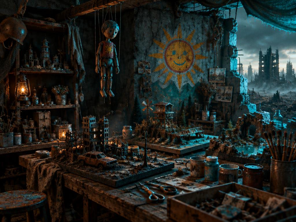 A maker corner with miniatures, a hanging puppet, and a mural of a sun on a cracked wall