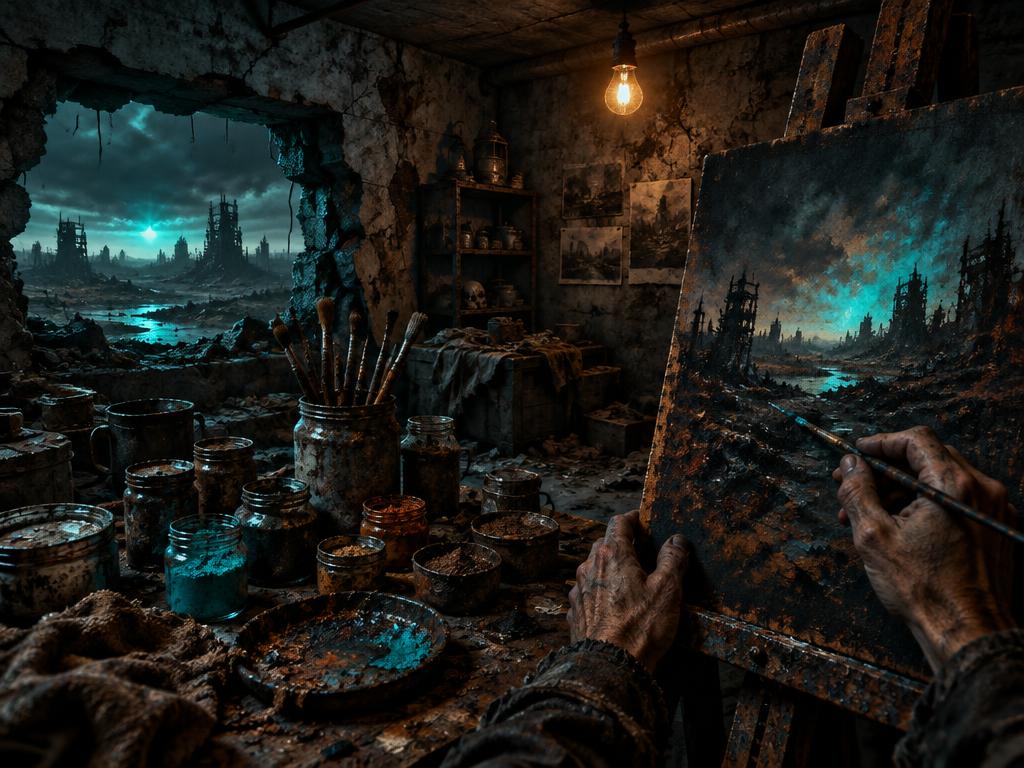 A painter's hands working a canvas in a bunker studio overlooking the wasteland