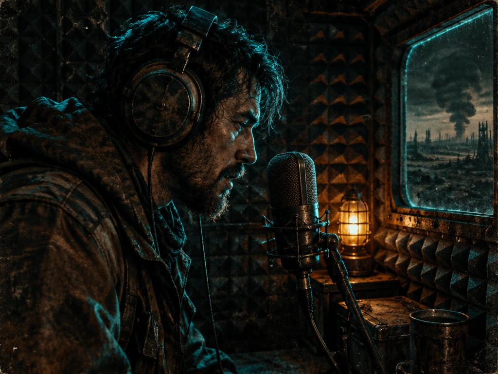 A voice actor leaning into a vintage microphone in a padded bunker booth