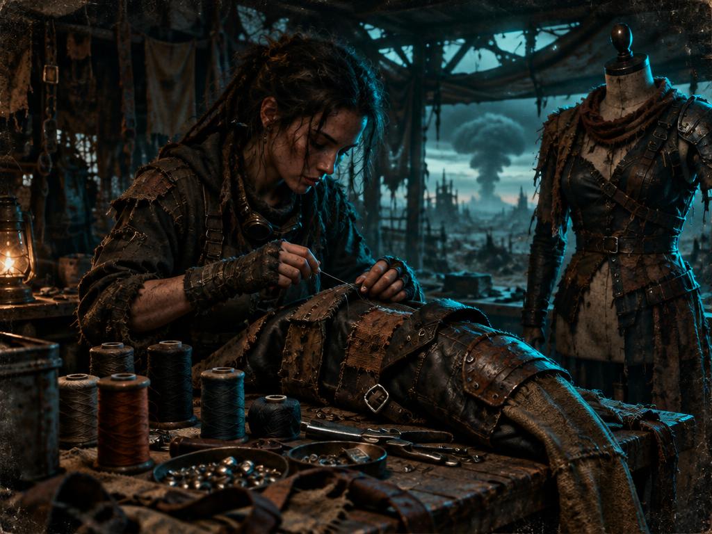 A costume maker stitching an armored leather outfit beside a half-dressed mannequin